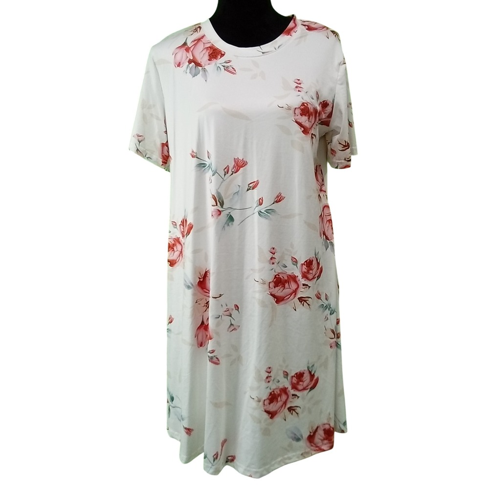 Womens Casual Summer Dress LARGE White‎ Bright Rose Floral Short Sleeve